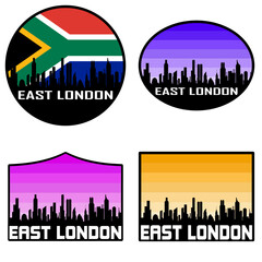 East London Skyline Silhouette South Africa Flag Travel Souvenir Sticker Sunset Background Vector Illustration SVG EPS AI