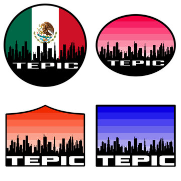 Tepic Skyline Silhouette Mexico Flag Travel Souvenir Sticker Sunset Background Vector Illustration SVG EPS AI