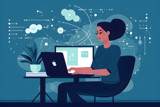 Flat vector illustration Young, cheerful, latin woman using a laptop on a blue background. Smiling female user of the computer that presents jobs or websites for advertising, online services ...