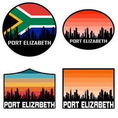 Obraz premium Port Elizabeth Skyline Silhouette South Africa Flag Travel Souvenir Sticker Sunset Background Vector Illustration SVG EPS AI