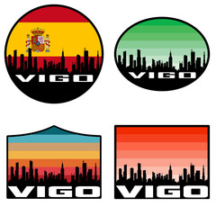 Vigo Skyline Silhouette Spain Flag Travel Souvenir Sticker Sunset Background Vector Illustration SVG EPS AI