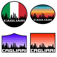 Fototapeta premium Cagliari Skyline Silhouette Italy Flag Travel Souvenir Sticker Sunset Background Vector Illustration SVG EPS AI