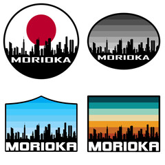 Obraz premium Morioka Skyline Silhouette Japan Flag Travel Souvenir Sticker Sunset Background Vector Illustration SVG EPS AI