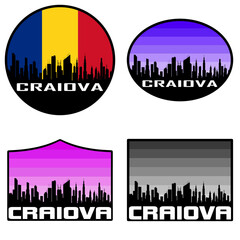 Craiova Skyline Silhouette Romania Flag Travel Souvenir Sticker Sunset Background Vector Illustration SVG EPS AI