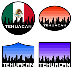 Tehuacan Skyline Silhouette Mexico Flag Travel Souvenir Sticker Sunset Background Vector Illustration SVG EPS AI