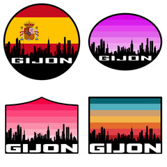 Gijon Skyline Silhouette Spain Flag Travel Souvenir Sticker Sunset Background Vector Illustration SVG EPS AI