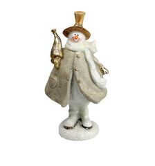 a snowman figurine toy with a fish in his hands on a white background