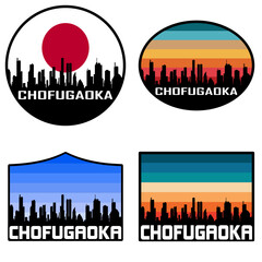 Chofugaoka Skyline Silhouette Japan Flag Travel Souvenir Sticker Sunset Background Vector Illustration SVG EPS AI