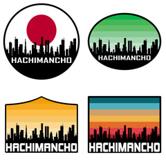 Hachimancho Skyline Silhouette Japan Flag Travel Souvenir Sticker Sunset Background Vector Illustration SVG EPS AI