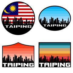 Taiping Skyline Silhouette Malaysia Flag Travel Souvenir Sticker Sunset Background Vector Illustration SVG EPS AI