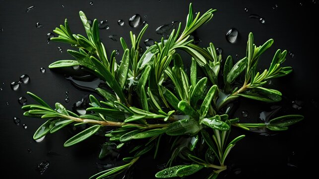 Fresh tarragon with water drops on black background. Close up