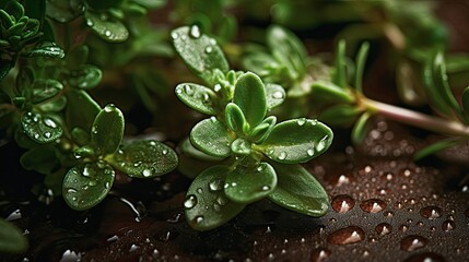Fresh oregano with water drops on black background. Close up