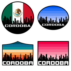 Cordoba Skyline Silhouette Mexico Flag Travel Souvenir Sticker Sunset Background Vector Illustration SVG EPS AI