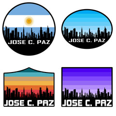 Jose C. Paz Skyline Silhouette Argentina Flag Travel Souvenir Sticker Sunset Background Vector Illustration SVG EPS AI