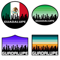 Obraz premium Guadalupe Skyline Silhouette Mexico Flag Travel Souvenir Sticker Sunset Background Vector Illustration SVG EPS AI