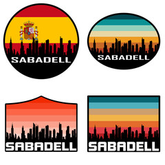 Sabadell Skyline Silhouette Spain Flag Travel Souvenir Sticker Sunset Background Vector Illustration SVG EPS AI