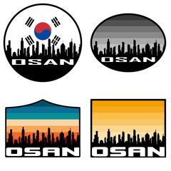 Obraz premium Osan Skyline Silhouette South Korea Flag Travel Souvenir Sticker Sunset Background Vector Illustration SVG EPS AI