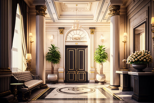 Hall d'h&ocirc;tel, int&eacute;rieur luxueux - G&eacute;n&eacute;rative IA