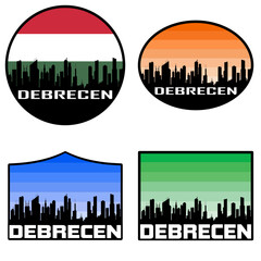 Obraz premium Debrecen Skyline Silhouette Hungary Flag Travel Souvenir Sticker Sunset Background Vector Illustration SVG EPS AI