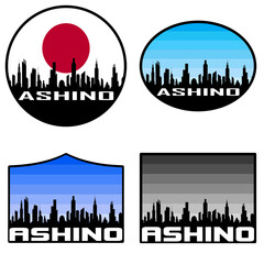 Obraz premium Ashino Skyline Silhouette Japan Flag Travel Souvenir Sticker Sunset Background Vector Illustration SVG EPS AI