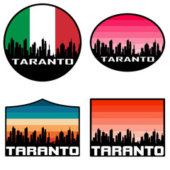 Taranto Skyline Silhouette Italy Flag Travel Souvenir Sticker Sunset Background Vector Illustration SVG EPS AI