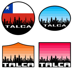 Talca Skyline Silhouette Chile Flag Travel Souvenir Sticker Sunset Background Vector Illustration SVG EPS AI