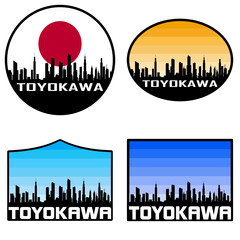 Toyokawa Skyline Silhouette Japan Flag Travel Souvenir Sticker Sunset Background Vector Illustration SVG EPS AI