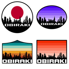 Obraz premium Obiraki Skyline Silhouette Japan Flag Travel Souvenir Sticker Sunset Background Vector Illustration SVG EPS AI