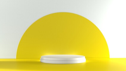 White realistic 3d cylinder pedestal podium with pastel yellow semi circle backdrop. Abstract vector rendering geometric platform. Product display presentation. Minimal scene.
