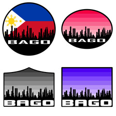 Bago Skyline Silhouette Philippines Flag Travel Souvenir Sticker Sunset Background Vector Illustration SVG EPS AI