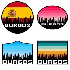 Burgos Skyline Silhouette Spain Flag Travel Souvenir Sticker Sunset Background Vector Illustration SVG EPS AI - obrazy, fototapety, plakaty