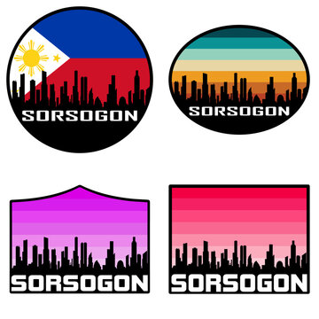 Sorsogon Skyline Silhouette Philippines Flag Travel Souvenir Sticker Sunset Background Vector Illustration SVG EPS AI