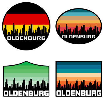 Oldenburg Skyline Silhouette Germany Flag Travel Souvenir Sticker Sunset Background Vector Illustration SVG EPS AI