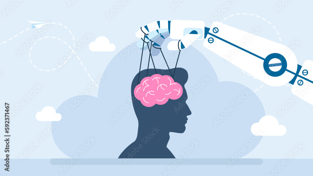 Poster robotic hand manipulating the human brain. robot puppet master controlling silhouette of businessman