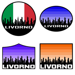 Livorno Skyline Silhouette Italy Flag Travel Souvenir Sticker Sunset Background Vector Illustration SVG EPS AI