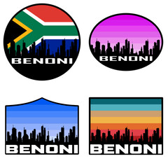 Obraz premium Benoni Skyline Silhouette South Africa Flag Travel Souvenir Sticker Sunset Background Vector Illustration SVG EPS AI