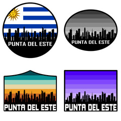 Obraz premium Punta del Este Skyline Silhouette Uruguay Flag Travel Souvenir Sticker Sunset Background Vector Illustration SVG EPS AI