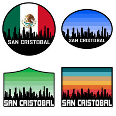 San Cristobal Skyline Silhouette Mexico Flag Travel Souvenir Sticker Sunset Background Vector Illustration SVG EPS AI