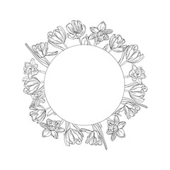 Spring flower circle frame. Line art black ink tulips and narcissus flower wreath for design of card or invitations