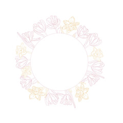 Spring flower circle frame. Line art tulips and narcissus flower wreath for design of card or invitations