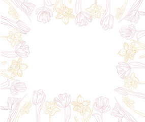 Spring flower frame. Line art tulips and narcissus flower wreath for background design of card or invitations