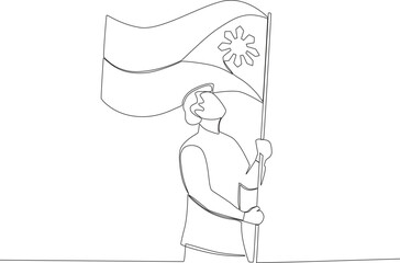 A man holding a Philippine flag. Philippine independence day one-line drawing