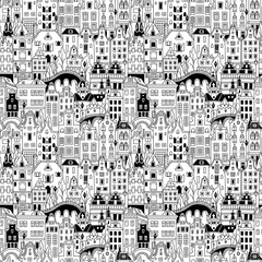 Black and white Seamless pattern with Amsterdam canal and typical dutch houses, Holland, Netherlands.