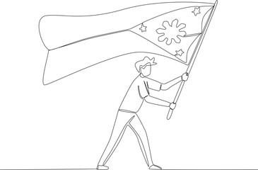 A man raising the Philippine flag. Philippine independence day one-line drawing