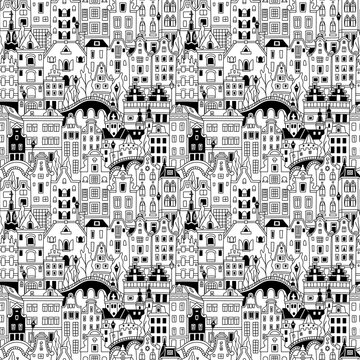 Black and white Seamless pattern with Amsterdam canal and typical dutch houses, Holland, Netherlands.