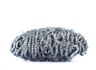 Cylindrical stainless steel scourer on a white background.