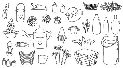 Garden set with water container, threads, candles, pot, bucket, bulb, cup, slipper shoes, hat, secateurs, thuja, flower, basket, leaves and other. Vector outline illustration.