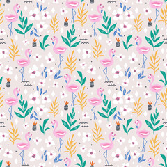 Seamless tropical pink pattern with flamingos, flowers, leaves. Creative summer texture for fabric, wrapping, textile, wallpaper, apparel. Vector illustration