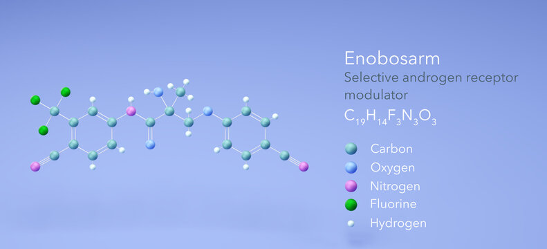 enobosarm molecule, molecular structures, ostarine, 3d model, Structural Chemical Formula and Atoms with Color Coding