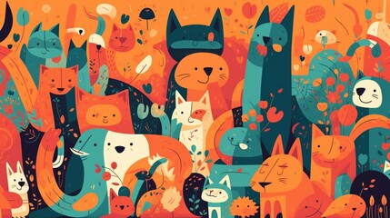 A fun illustration with bright, cheerful colours, flowing, rounded shapes and bold outlines of cartoon animals such as cats, dogs and rabbits. Generative AI.